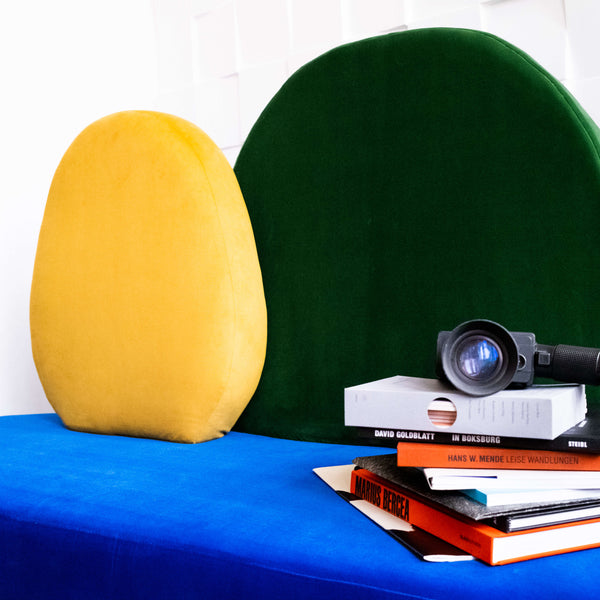 Banquette Ovale détails avec livres et caméra