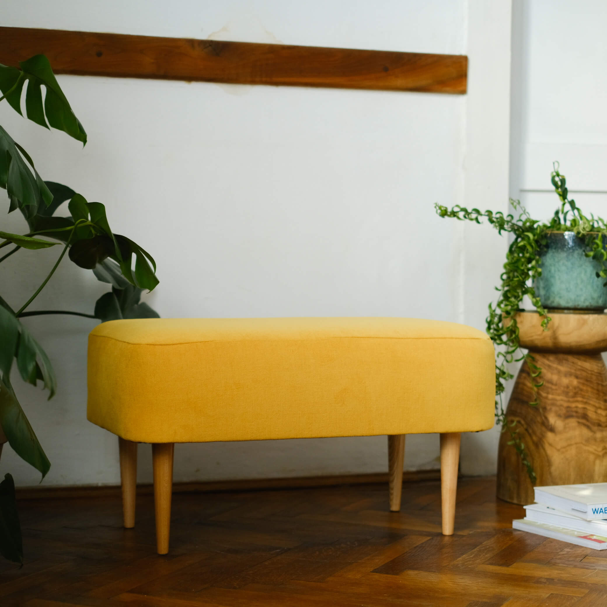 Banquette Jaune en Velours Chêne Massif Sunny