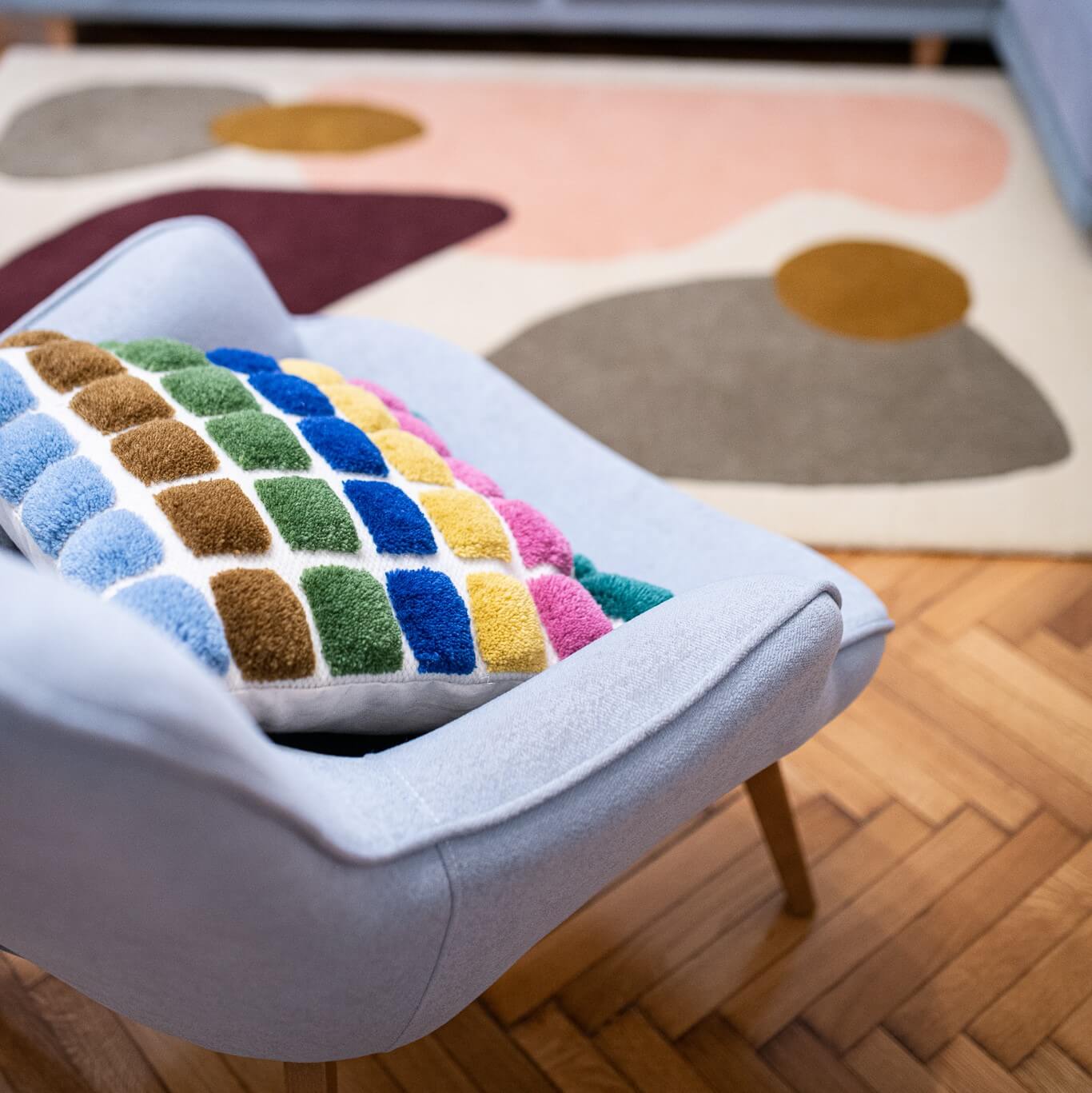Housse de Coussin en Laine Fait Main Tetris détails sur fauteuil vintage