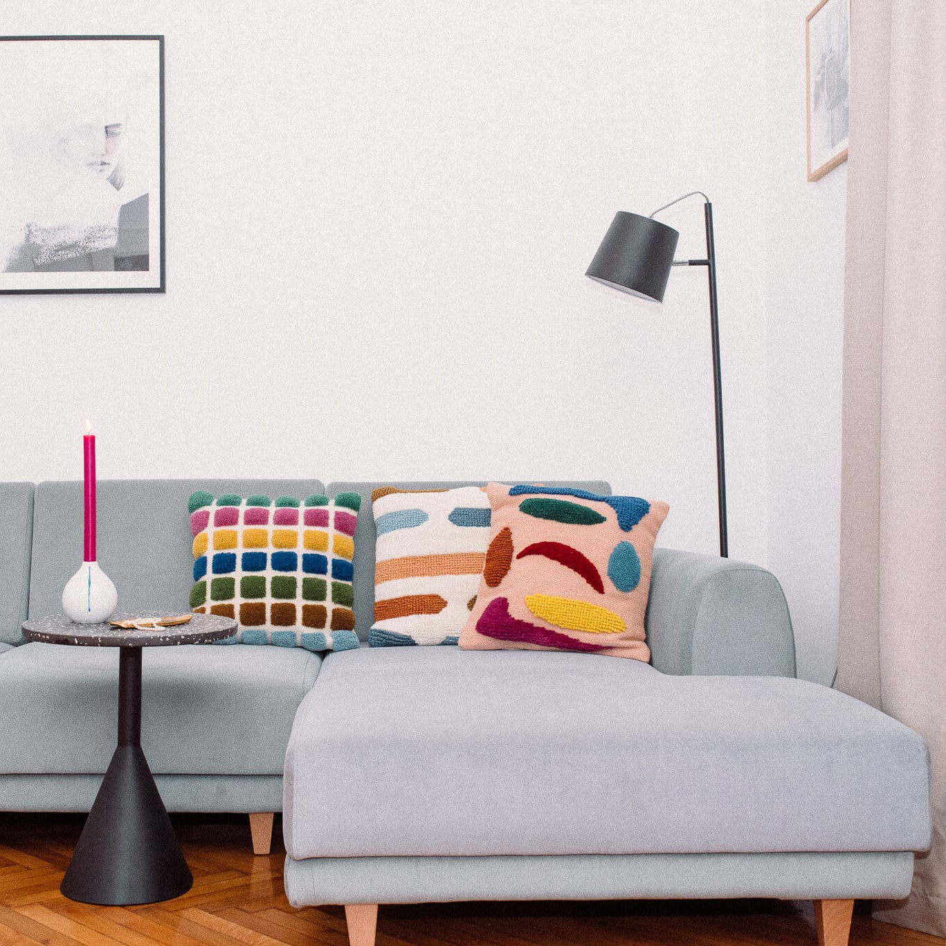 Housse de Coussin en Laine Fait Main Tetris détails décoration salon